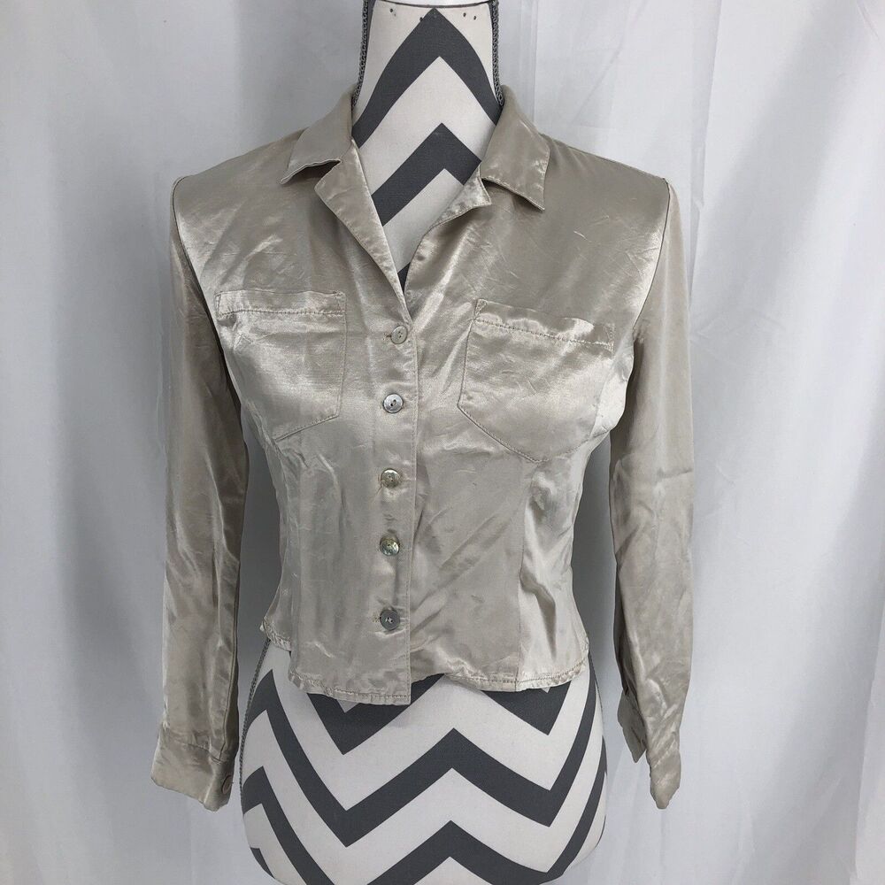 Maurices Vintage Beige Shimmer Long Sleeve Button Up Crop Blouse Medium USA